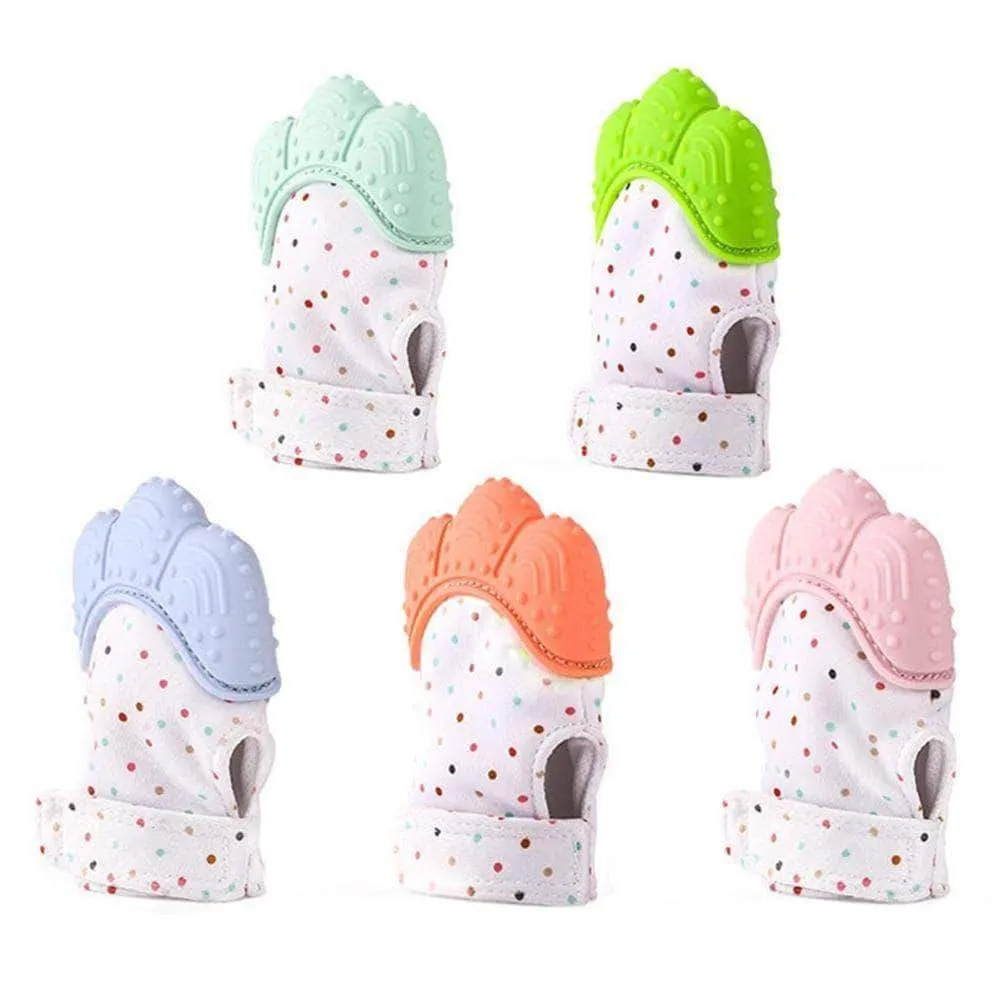 Parent and baby bonding over a silicone teething glove, showcasing comfort and safety